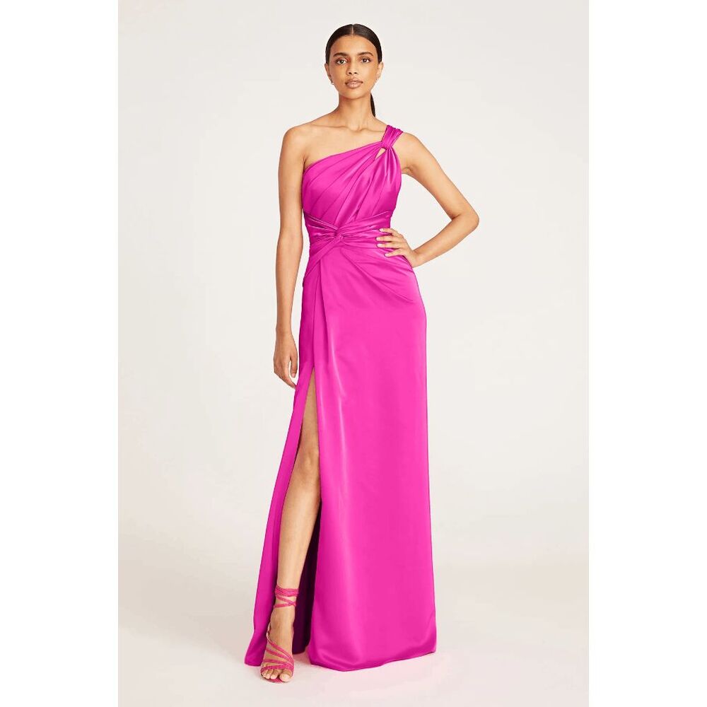 Theia One-Shoulder Hot Pink Satin Maxi Dress